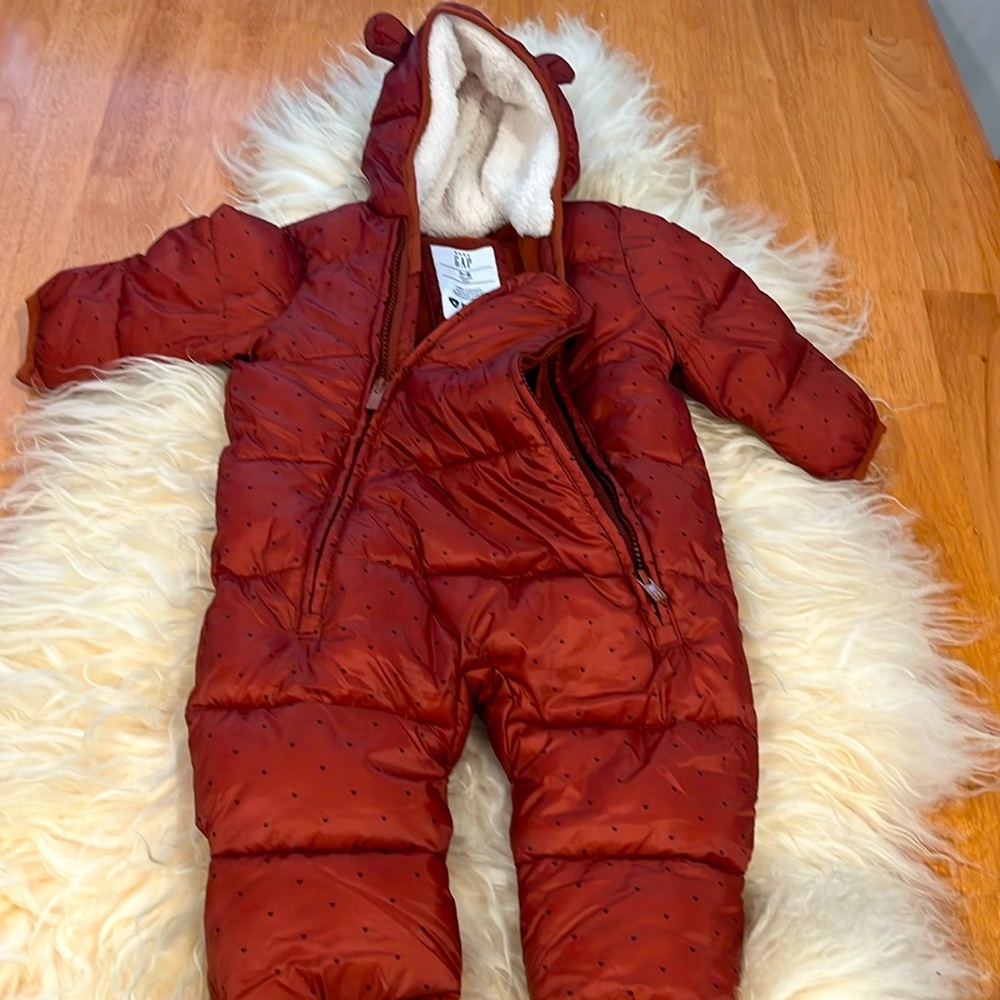 Gap Burnt Orange Little Black Hearts Baby Snow Suit 0-6m